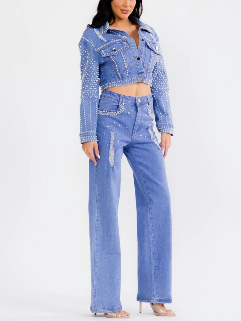 Pearl Studded Cropped Denim Jacket & Distressed Jeans Set Festival Glam